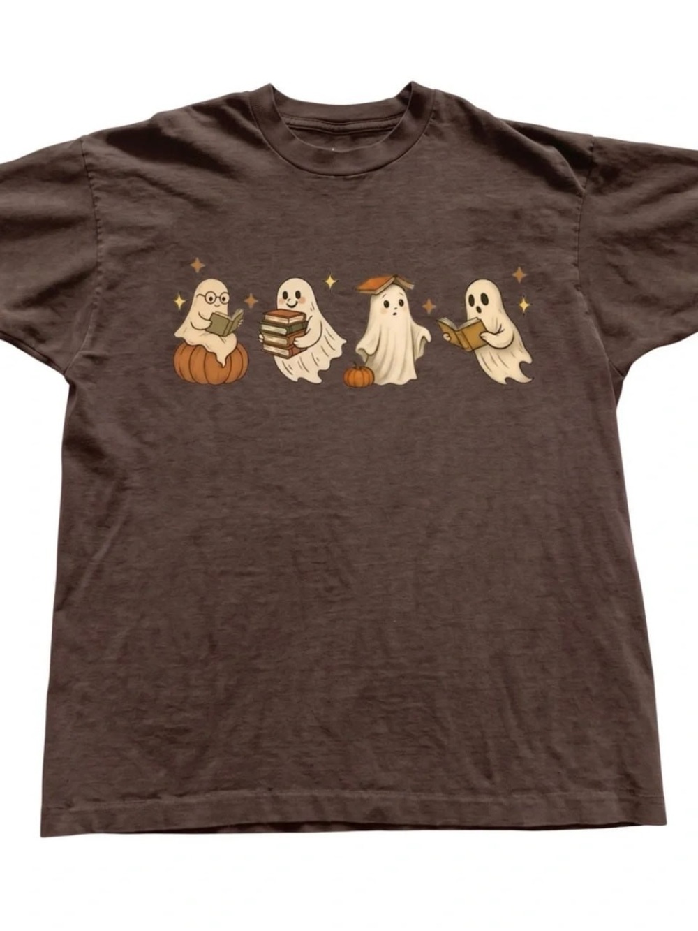 Brown Tee with Reading Ghosts Graphic, Halloween shirt